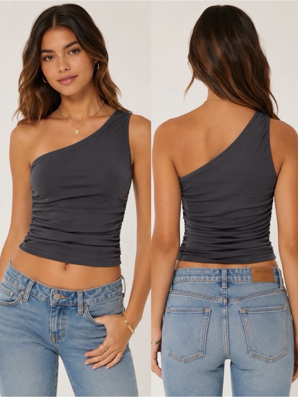 Hollister One-Shoulder Top Charcoal Grey Runched Sides Stretch Sz XL